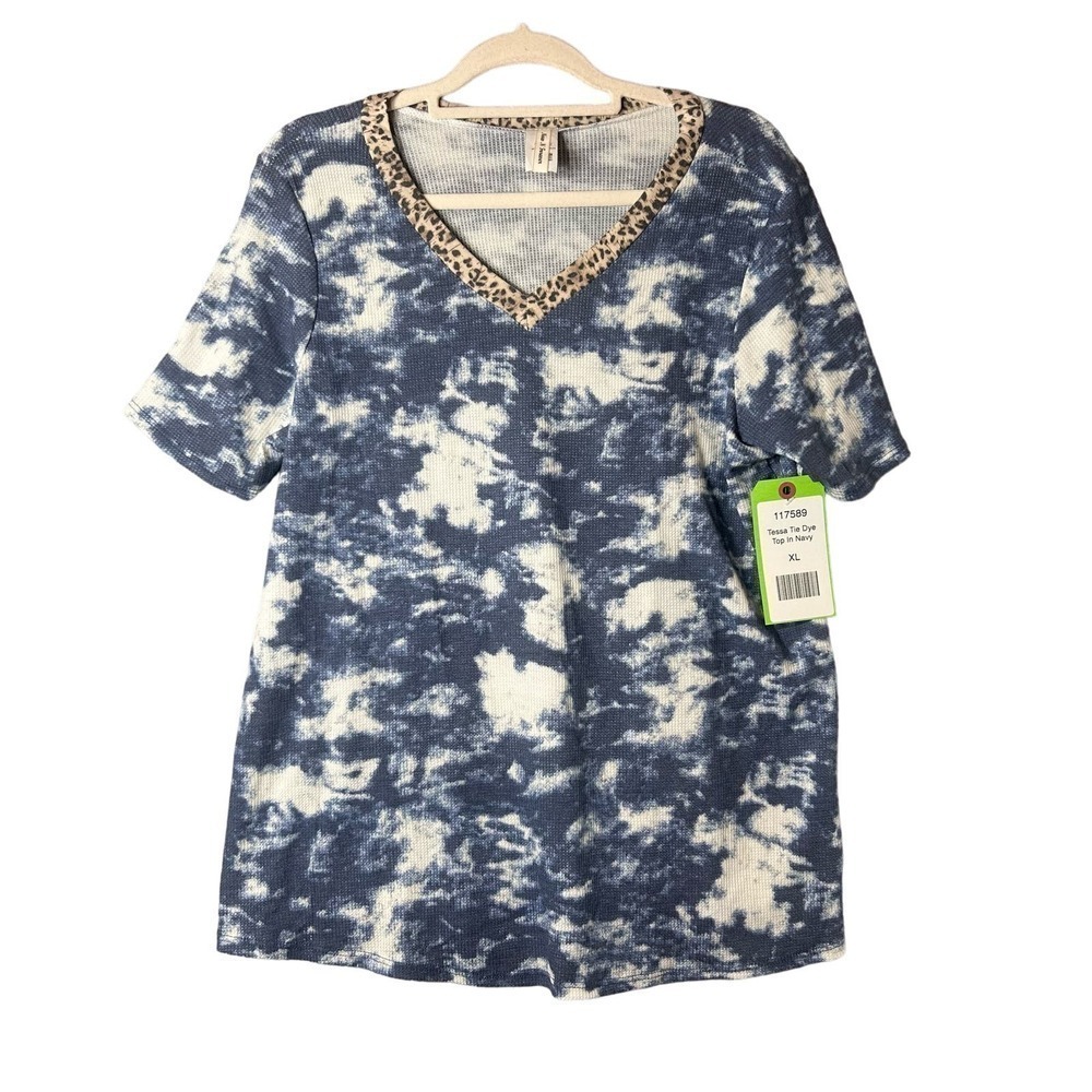 Now N Forever Top Womens XL Navy Short Sleeve Tessa Tie Dye Top NEW